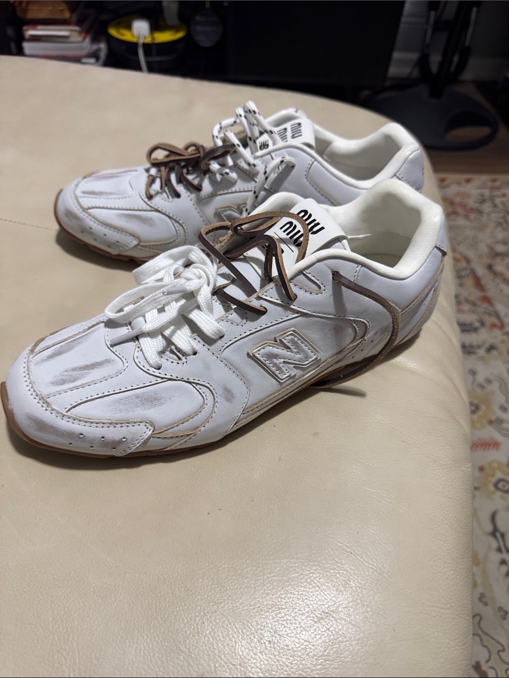 New Balance /miu miu White Leather Sneakers with Brown Accents. Not authentic